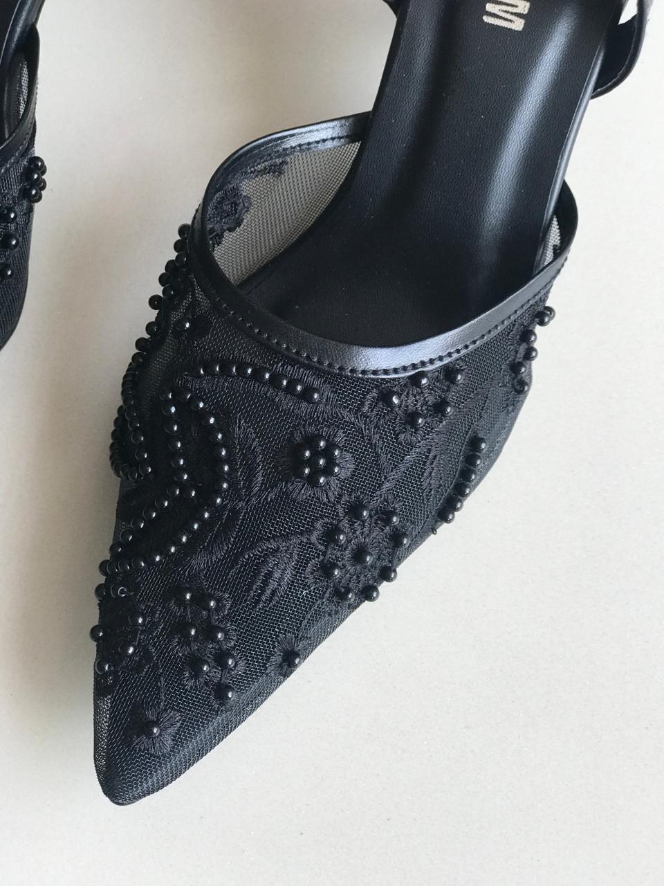 Ethereal Pearl Black Slingback Heels for Ladies