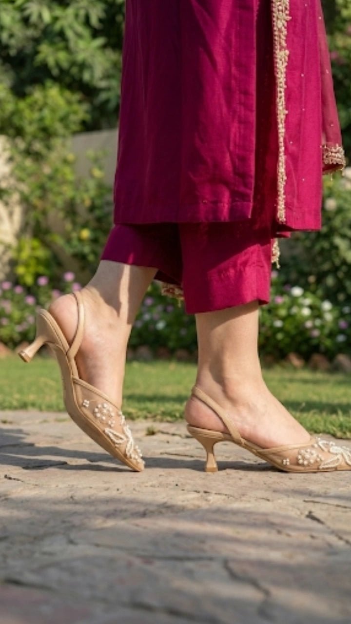 Ethereal Pearl Mesh Heels Shoes for Girls